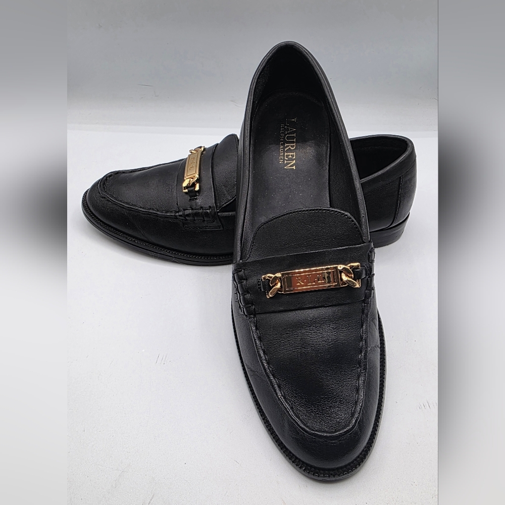 Ralph Lauren Black Leather Loafers with Gold Accent Woman's Size 10.